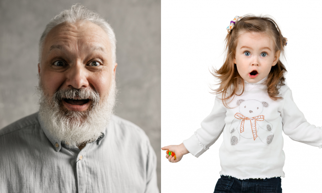 An older man and young girl with expressions of surprise and amazement on their faces